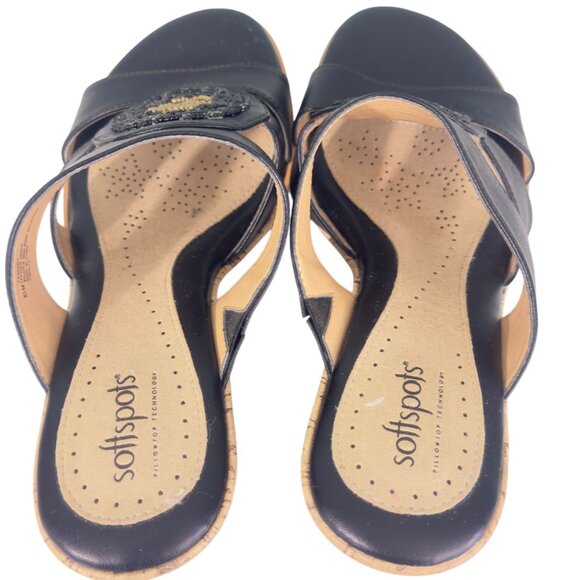Softspots Women's Black Leather Sandals With Espadrille Cork Wedge Heel Sz 8.5 - Picture 4 of 9